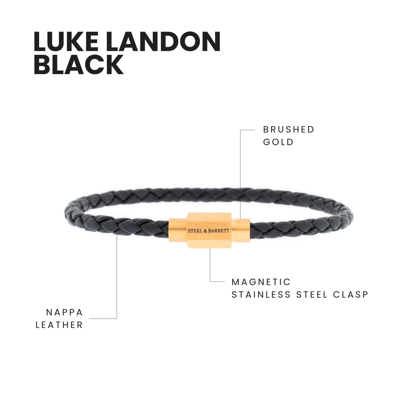 Luke Landon Armband Schwarz/18K Gold mit Nappaleder