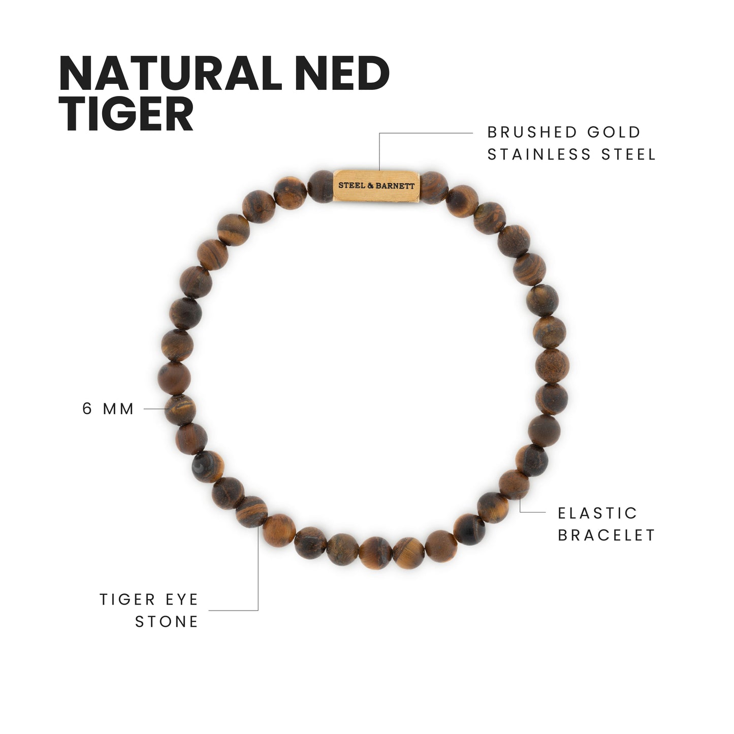 Natural Ned 6mm Round Gemstone Bracelet Matt Tiger Eye/18K Gold