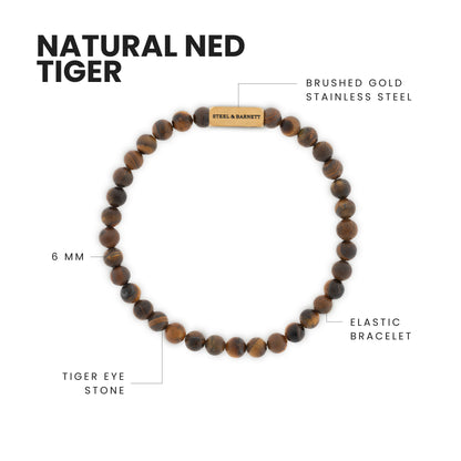 Natural Ned 6mm Round Gemstone Bracelet Matt Tiger Eye/18K Gold