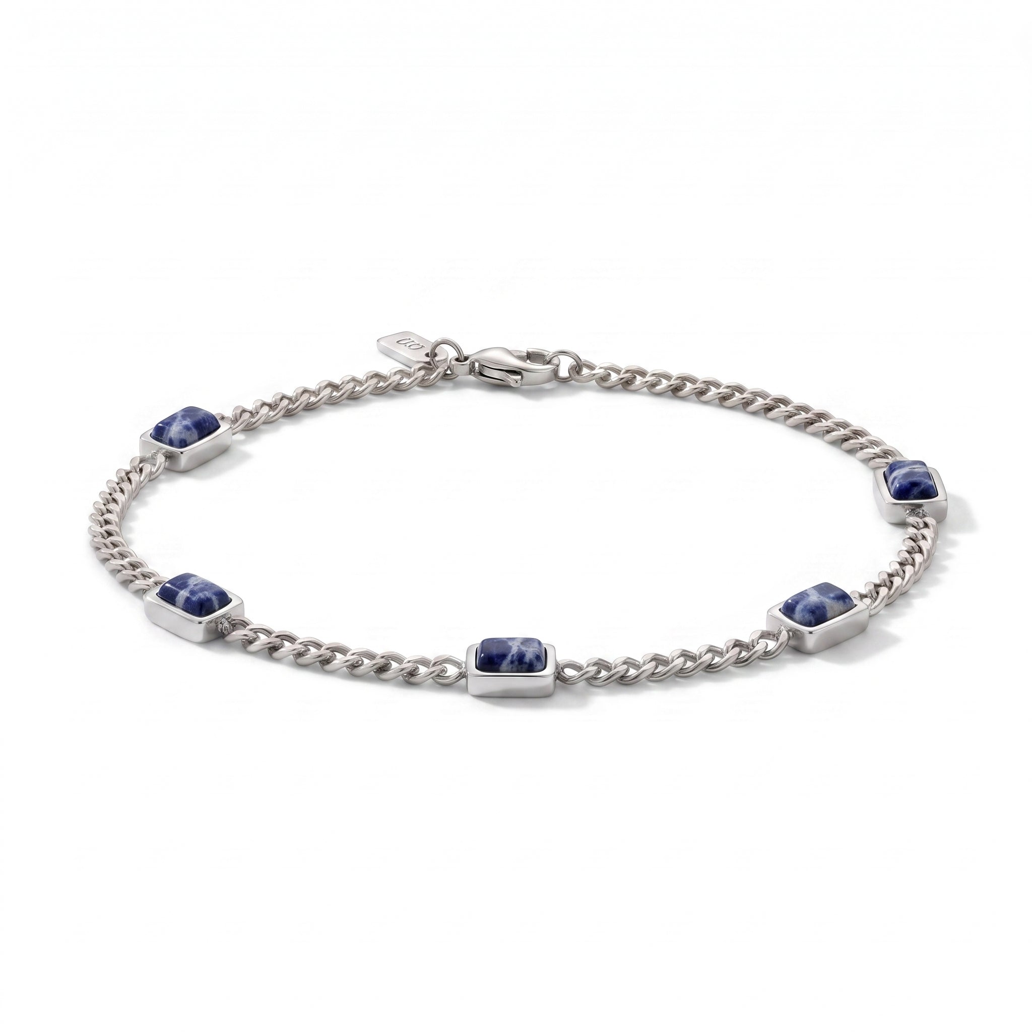 A silver chain bracelet featuring five rectangular blue sodalite stones set in polished silver bezels, displayed on a clean white background.