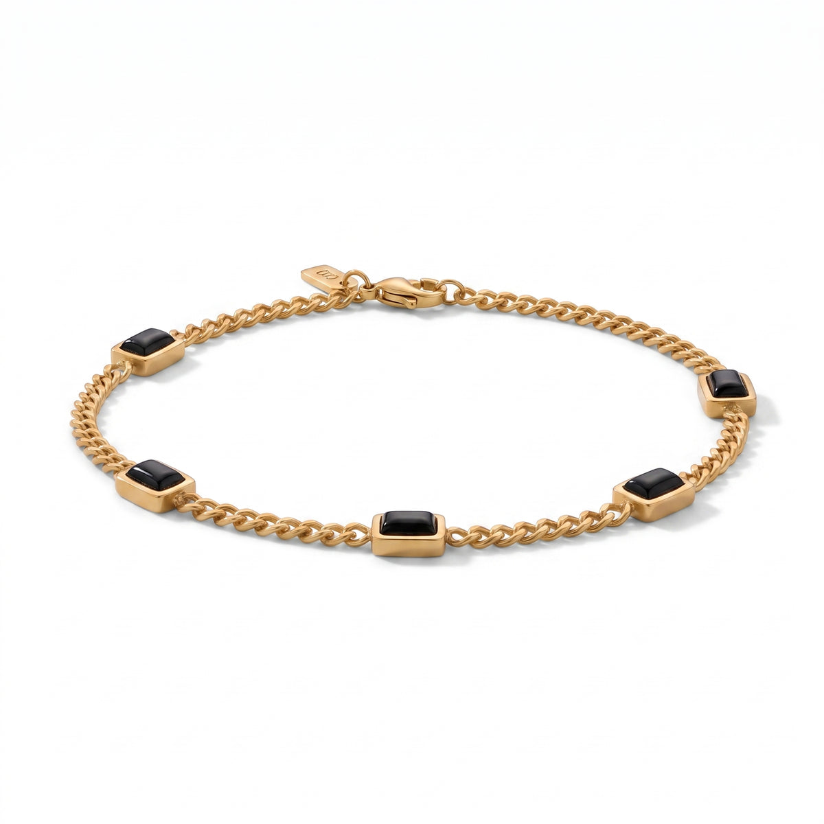 Gold chain men's bracelet with black rectangular stone accents and a plated 18K gold clasp on a white background