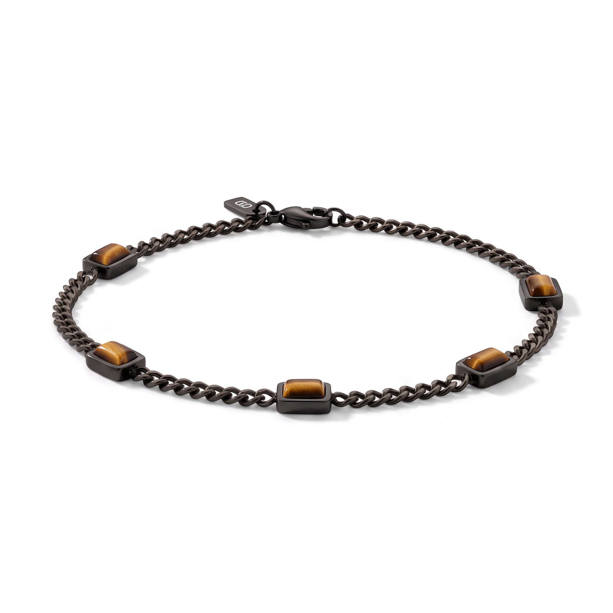 Dark metal chain men's bracelet with rectangular brown stone accents and a lobster clasp on a white background