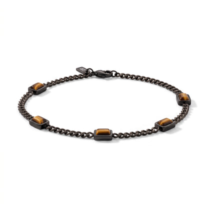 Dark metal chain men's bracelet with rectangular brown stone accents and a lobster clasp on a white background