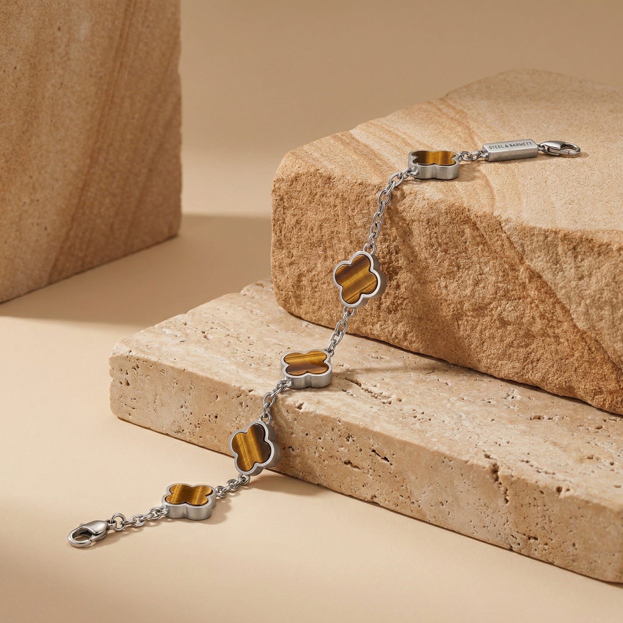 Lucky Clover Tiger Eye Stone Charm Bracelet