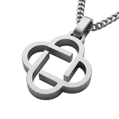 Silver interlocking clover pendant on a chain against a white background
