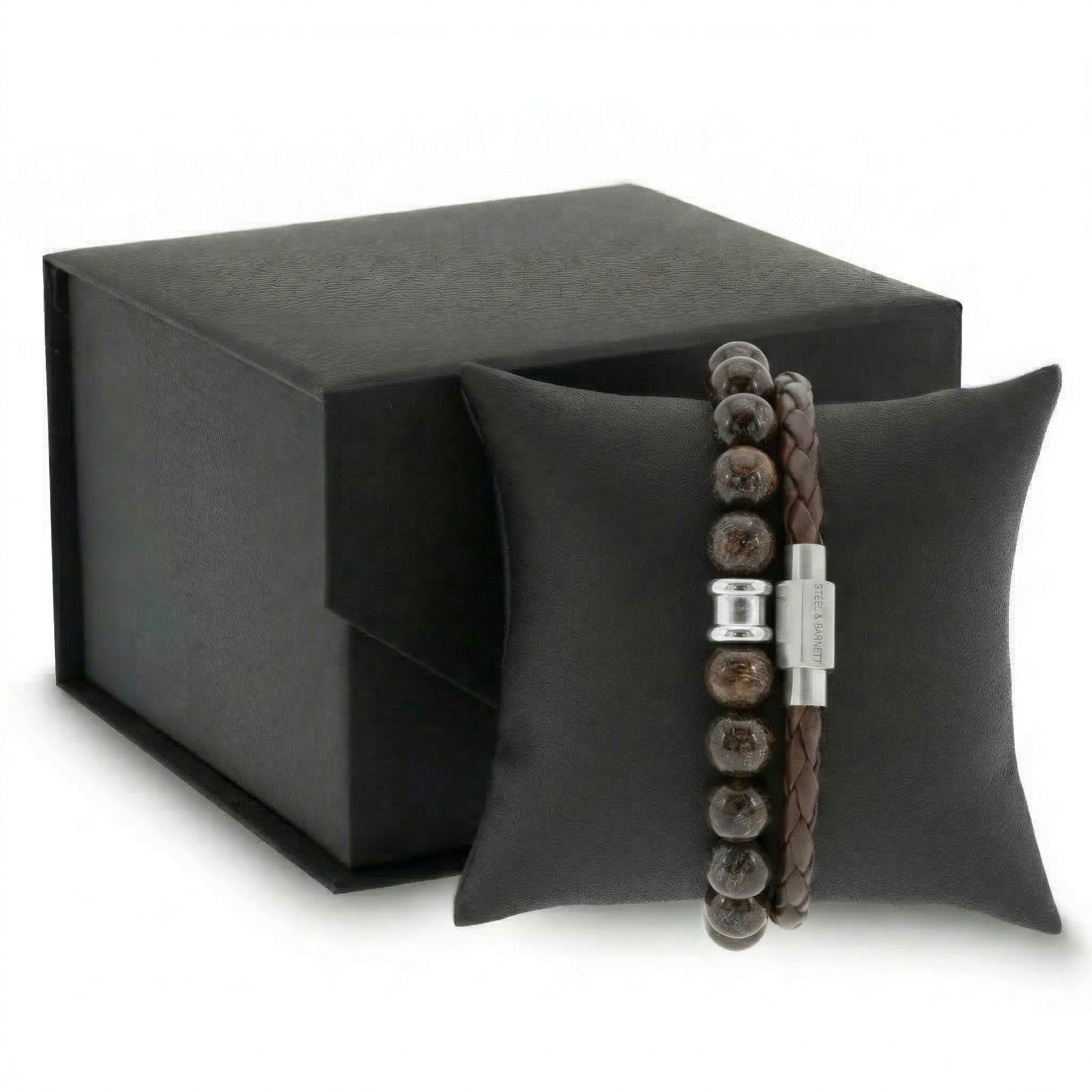 Brown beaded men's bracelet with natural stone beads and braided leather bracelet with stainless steel clasp on a black cushion with gift box