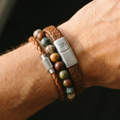 Cognac leather men’s bracelet stack with braided bands and multicolor natural stone beads featuring brushed stainless steel magnetic clasps worn on wrist