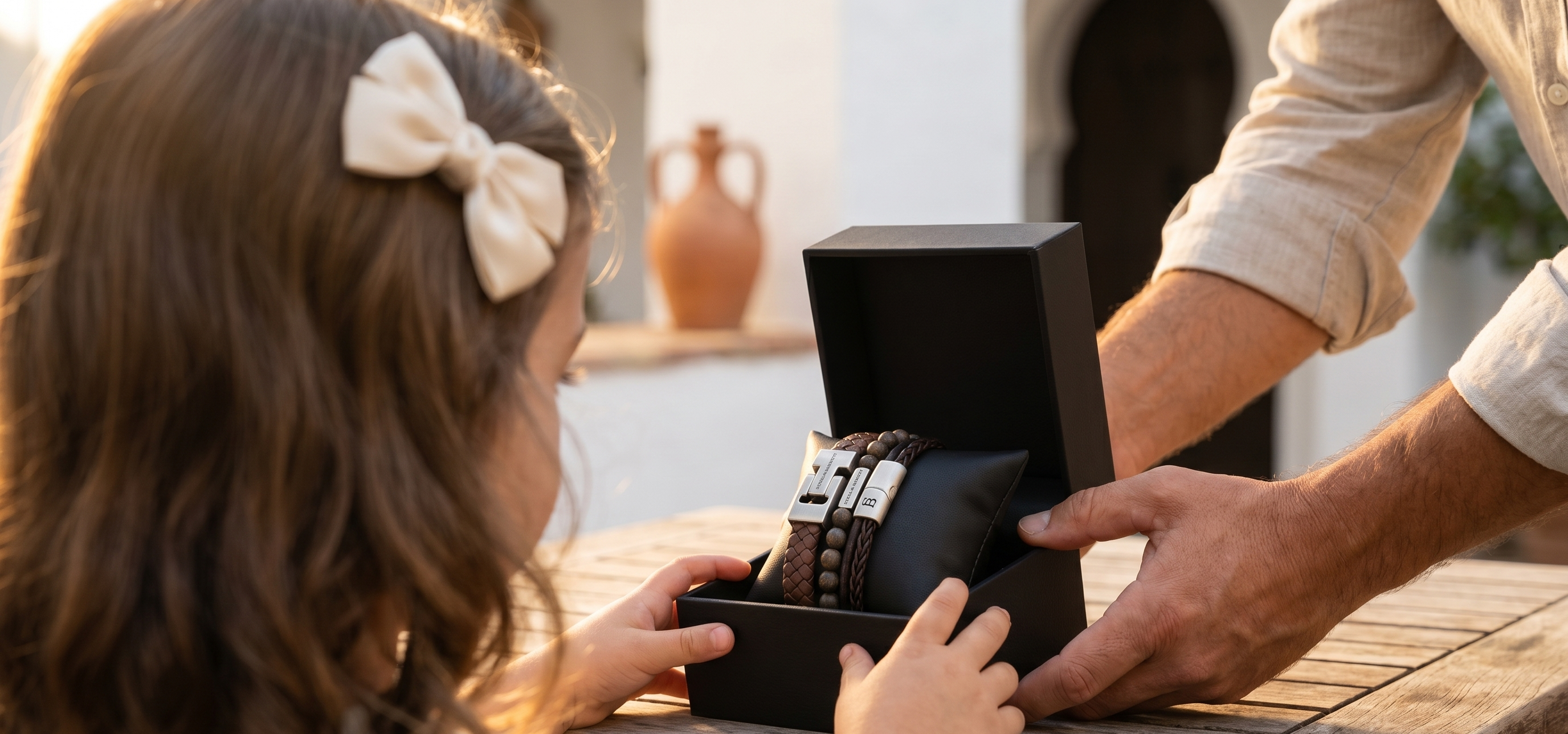 Child gifting bracelets to her dad