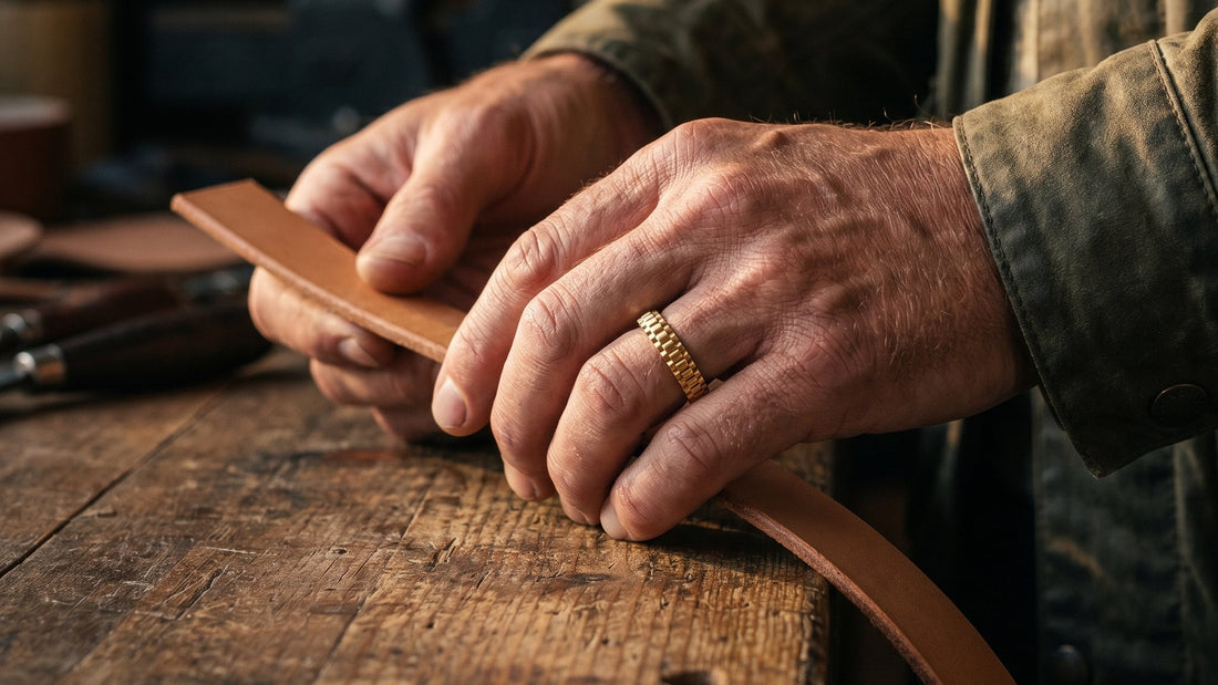 Gold toned men's ring with textured pattern worn on finger while handling a brown leather strap on a wooden work surface