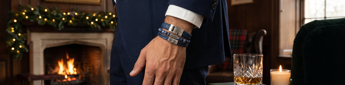 Blue bracelet set worn in christmas setting