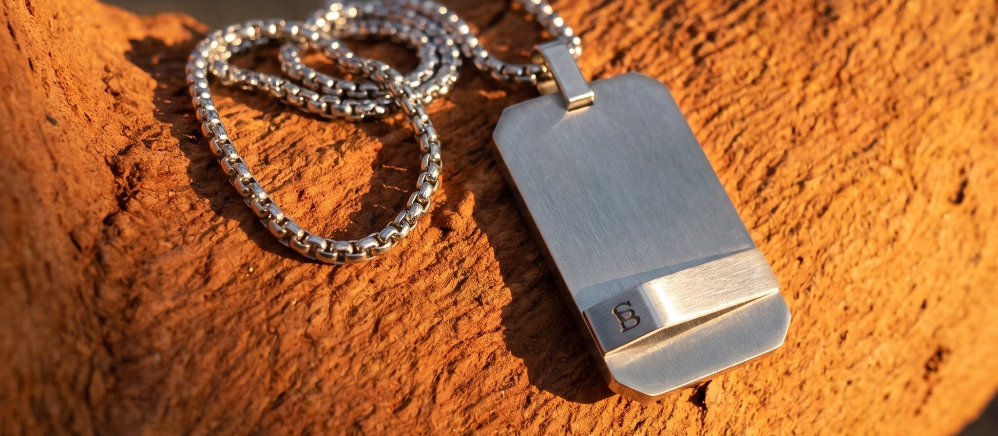 Silver dog tag necklace on a wooden surface with a blurred natural background
