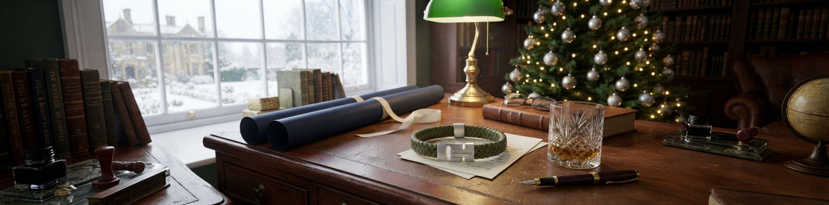 A warm, vintage-style study or office scene with a wooden desk, men's bracelet, old books, a green lamp, a rolled blue document, a glass of amber liquid, and a decorated Christmas tree in the background near a large window.