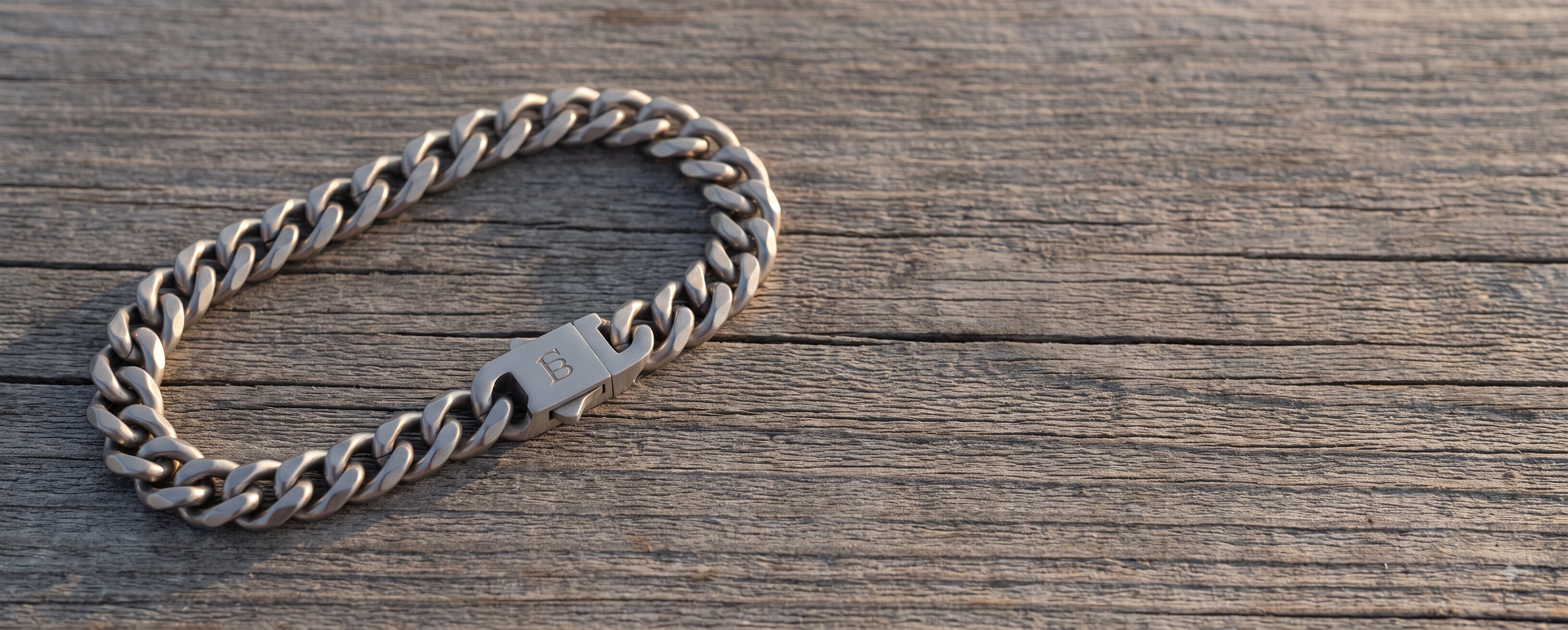 A silver-toned cuban curb link chain bracelet with a polishedengraved clasp, displayed on a rustic wooden surface.