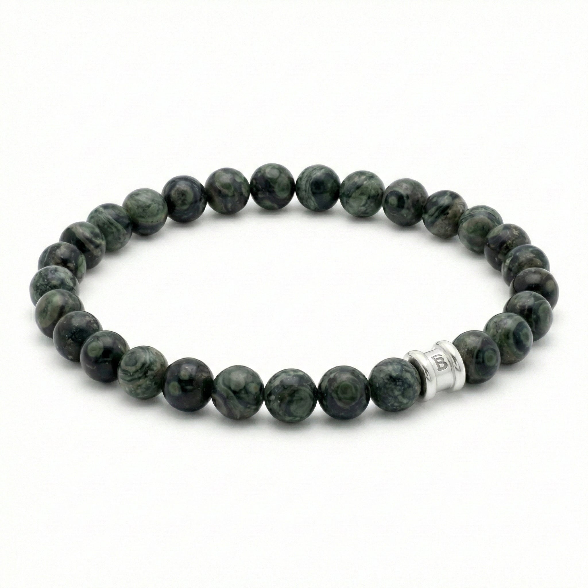 Dark green kambaba stone men's bracelet with smooth round beads and stainless steel accent on a white background