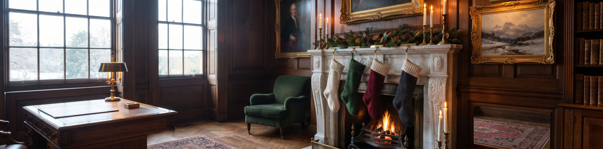A classic holiday living room scene featuring a white fireplace mantel with four dark green stockings, a burning fire, a green armchair, and a wooden desk by tall windows.