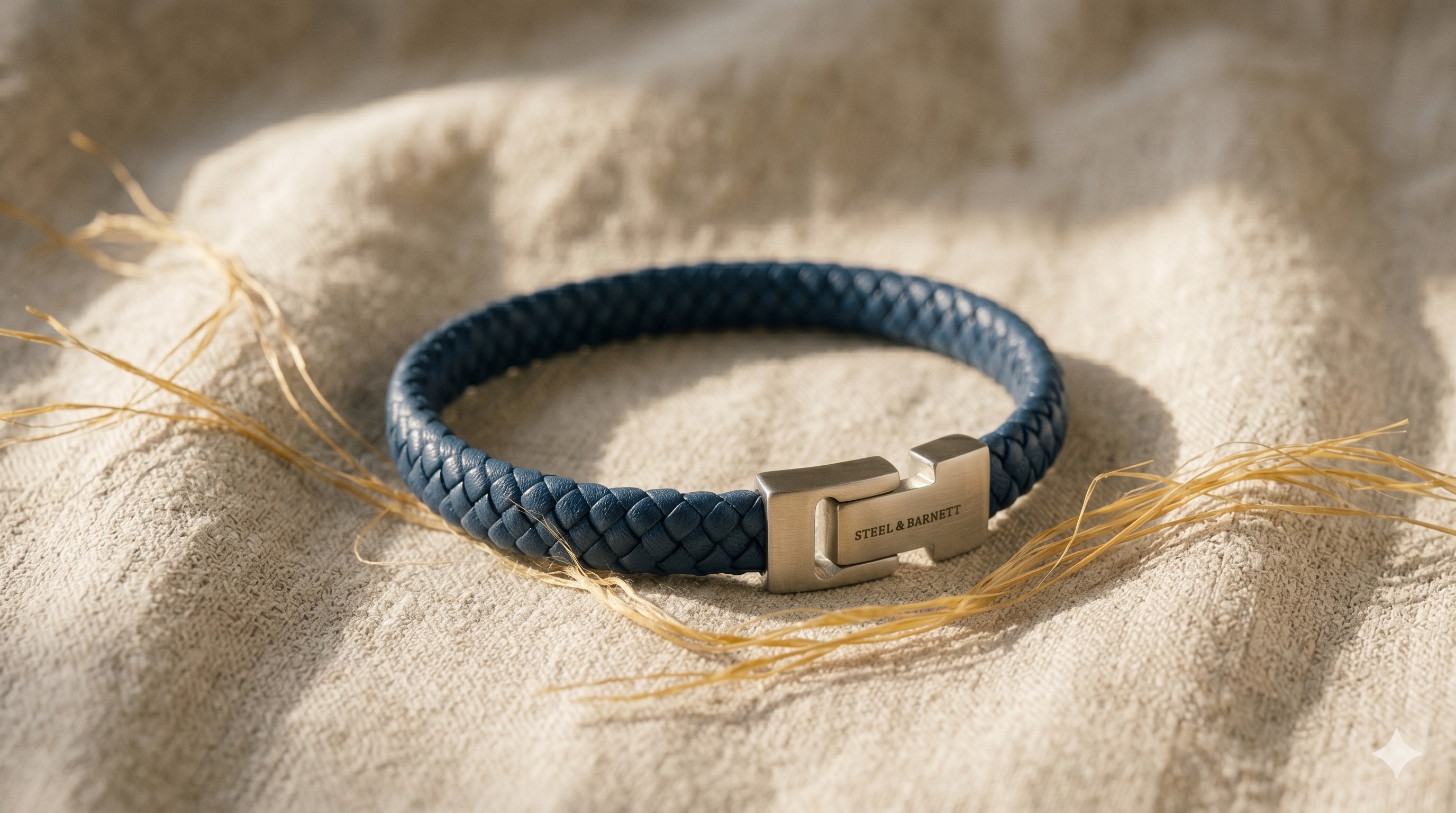 Blue braided leather bracelet with a metal clasp on a linen background