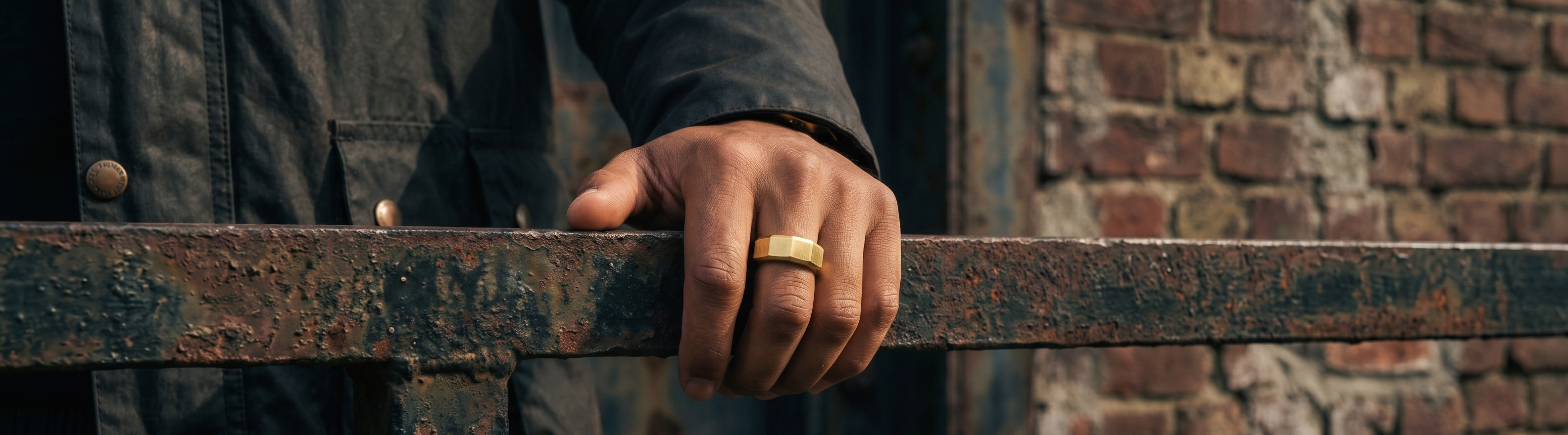 A close-up of a person's hand resting on a weathered metal railing, wearing a textured gold band ring, with a dark jacket and a brick wall in the background.