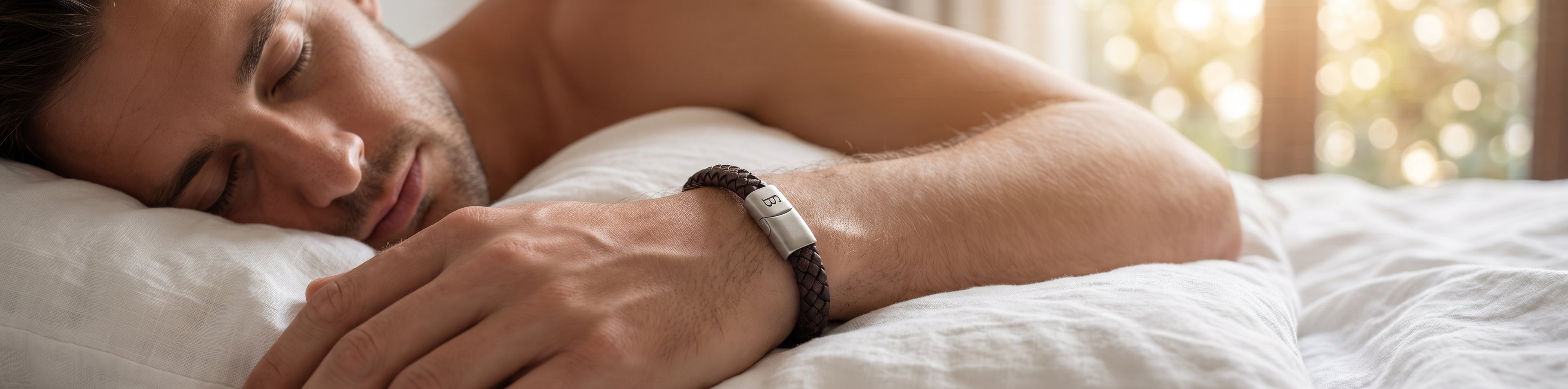 A man sleeping soundly on a white bed, wearing a dark brown braided cord bracelet with a silver rectangular metal tracker.