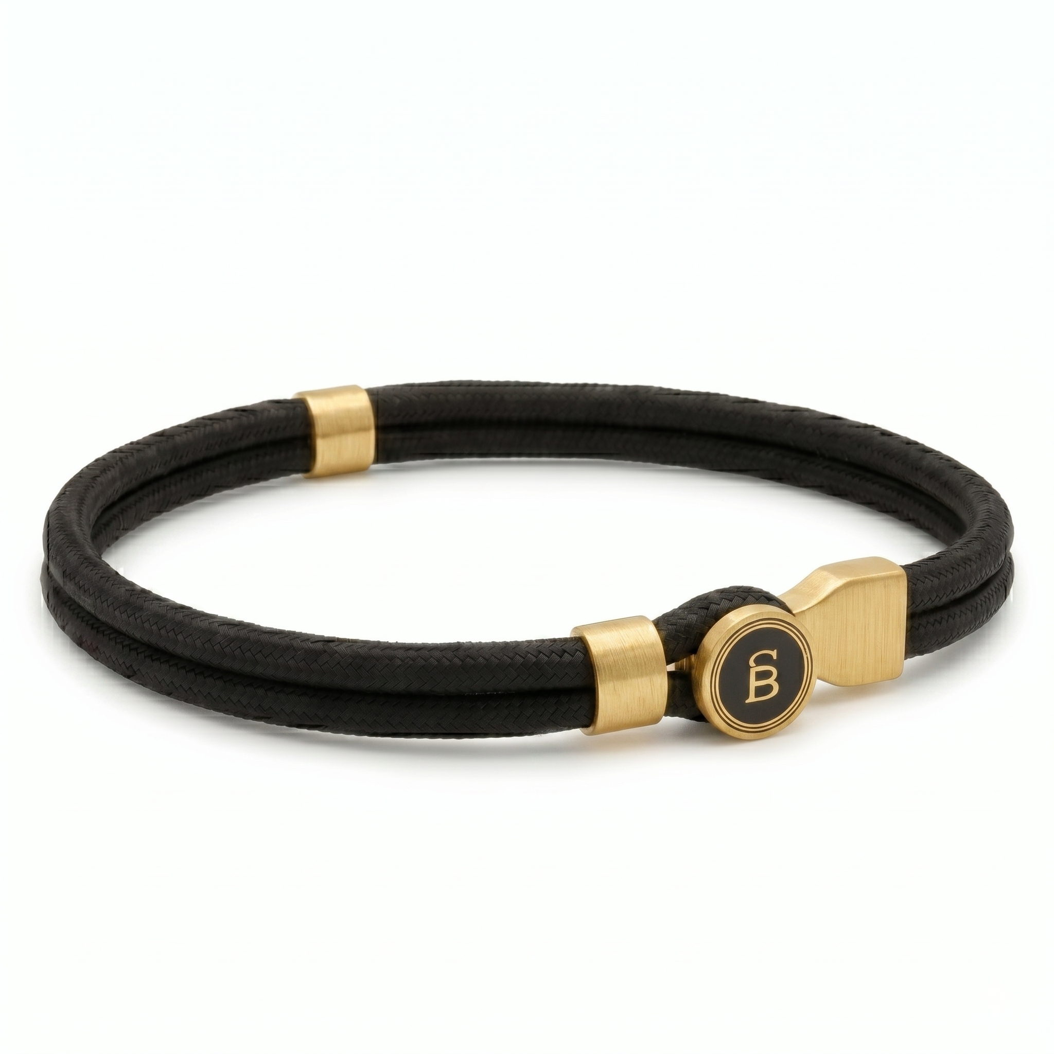 Black braided men's leather bracelet with plated 18K gold clasp and brushed metal details on a white background
