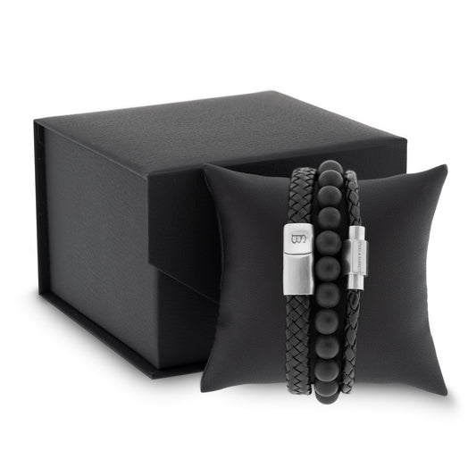 gift set black leather stones steel bracelets for him gifts for him