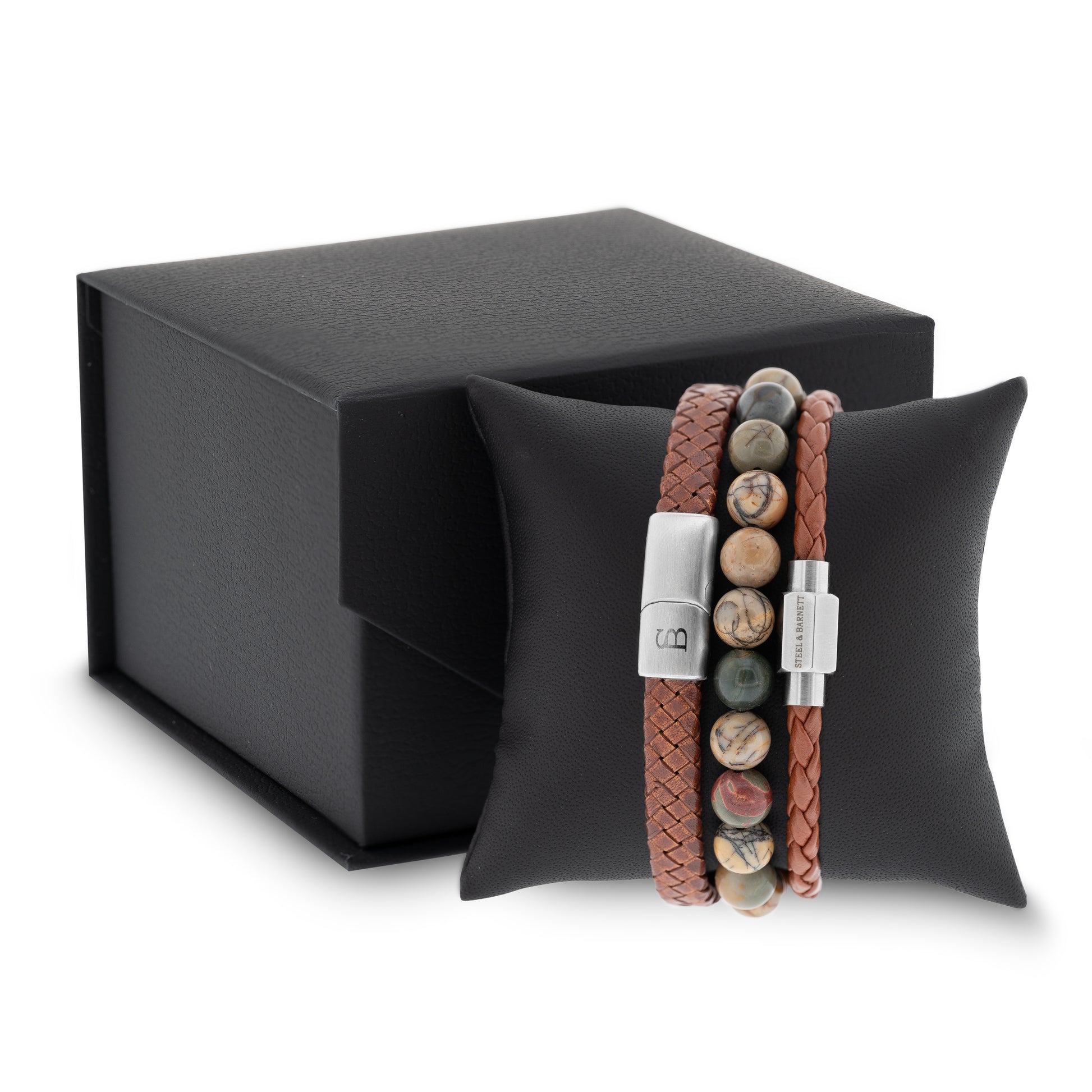 gift set cognac brown leather stones steel bracelets for him gifts for him