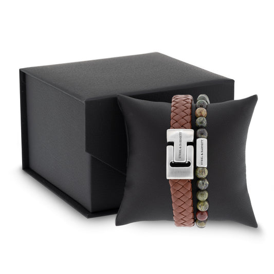 gift set cognac brown leather stones steel bracelets for him gifts for him