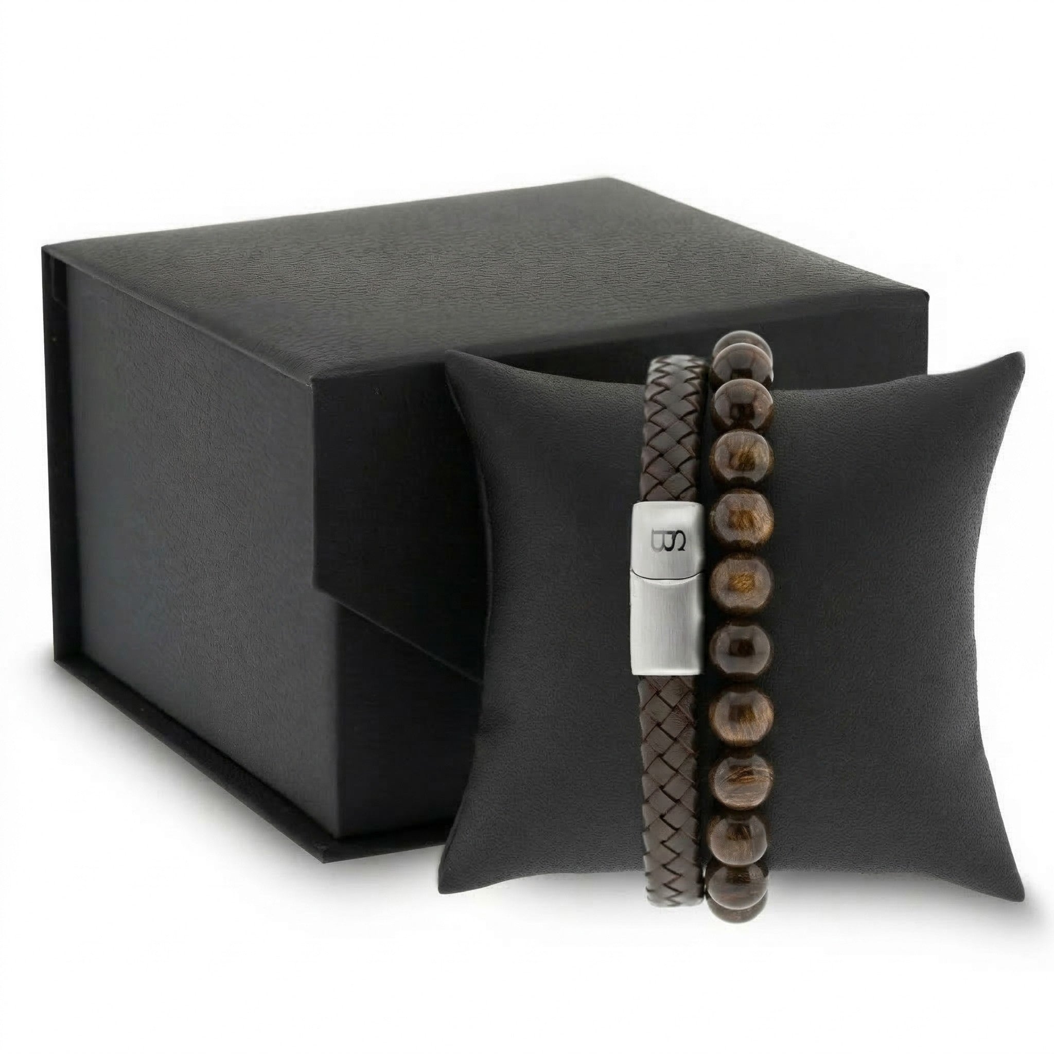 Brown braided leather men's bracelet with stainless steel clasp and brown beaded bracelet displayed on a black cushion with gift box