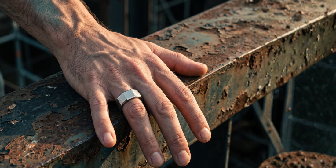 A close-up of a man's hand resting on a weathered, rusted metal beam, wearing a simple silver band ring.
