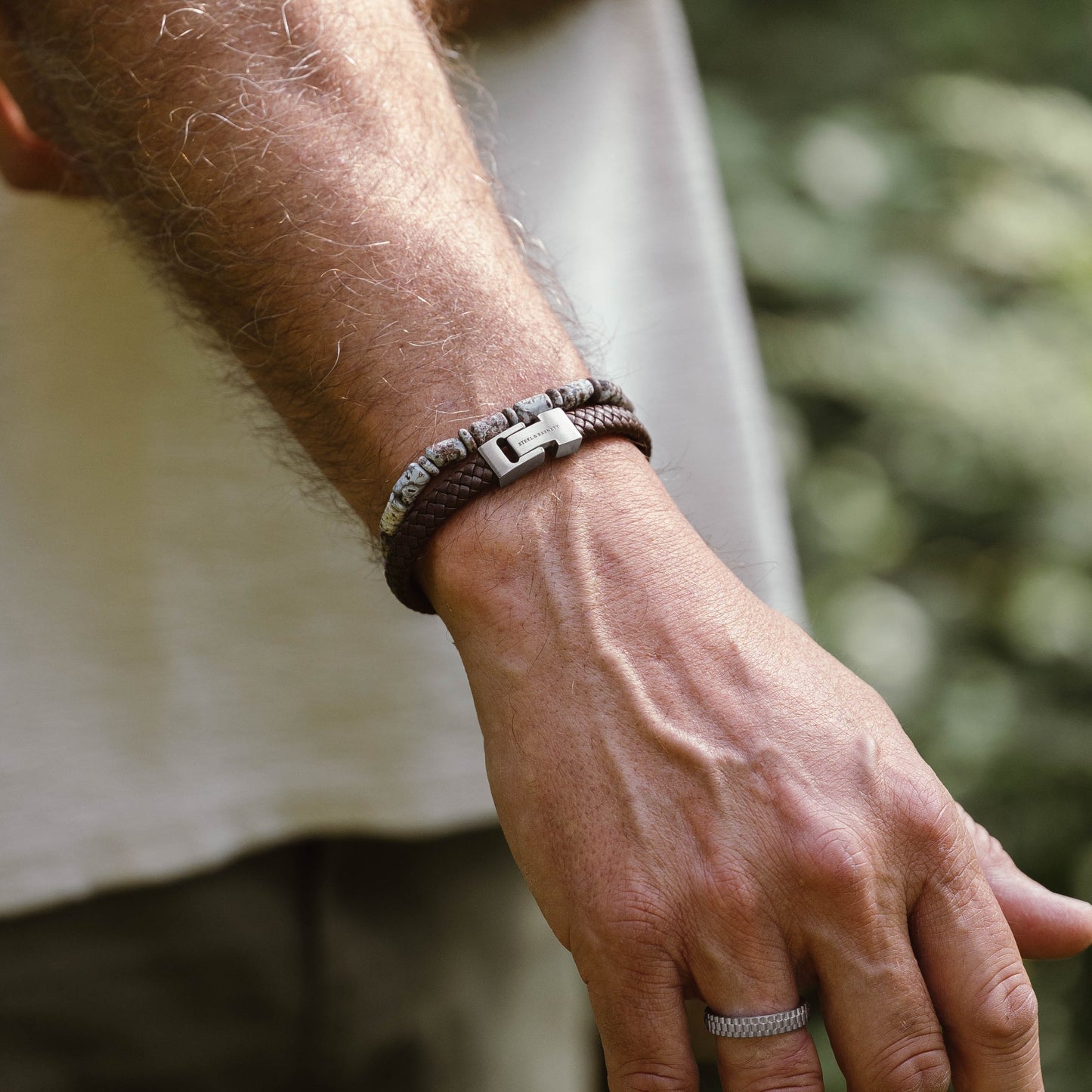 brown braided leather bracelet for men with stainless steel clasp