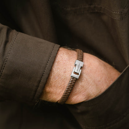 brown braided leather bracelet for men with stainless steel clasp