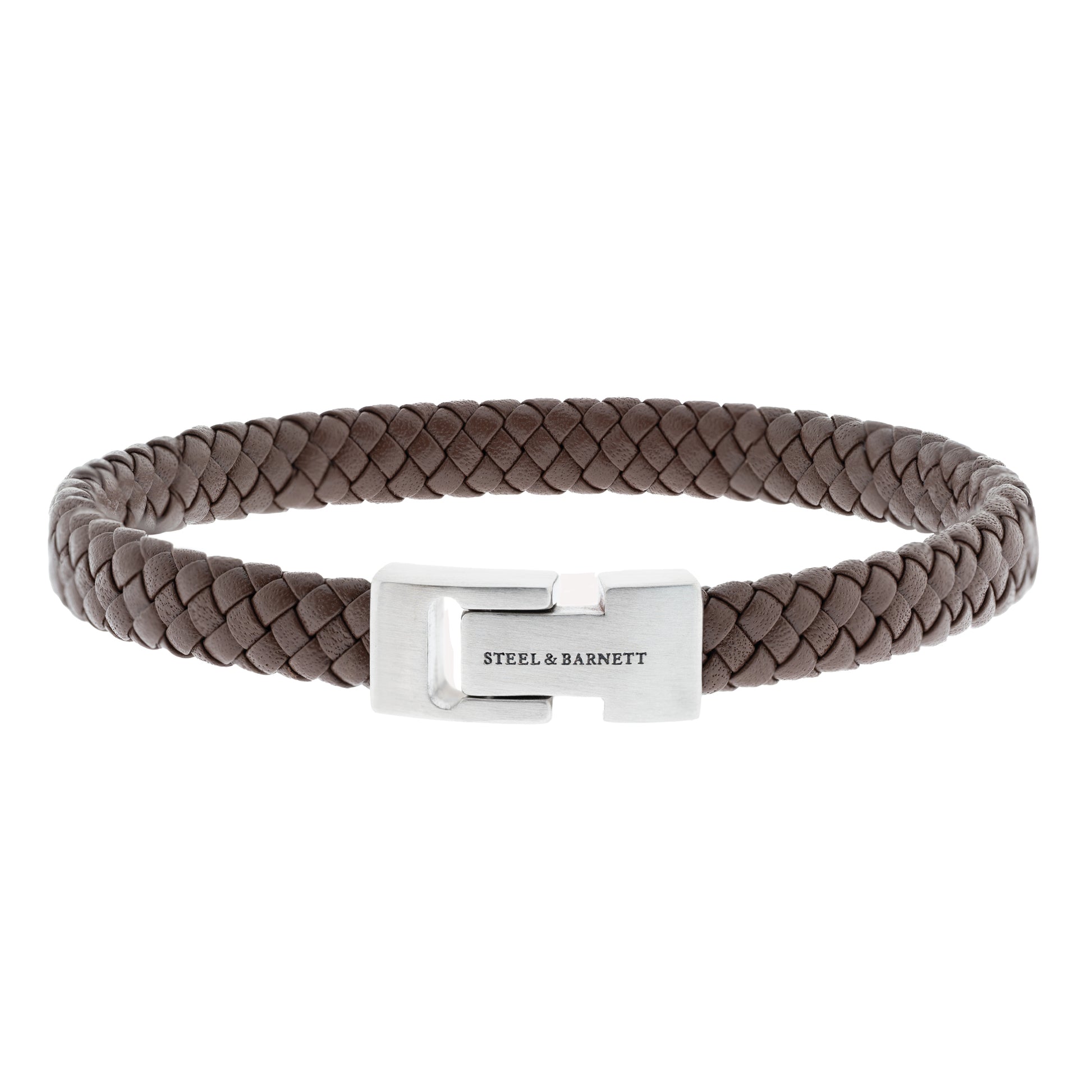 brown braided leather bracelet for men with stainless steel clasp