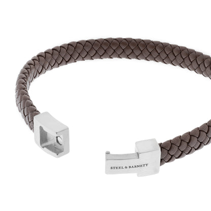 brown braided leather bracelet for men with stainless steel clasp