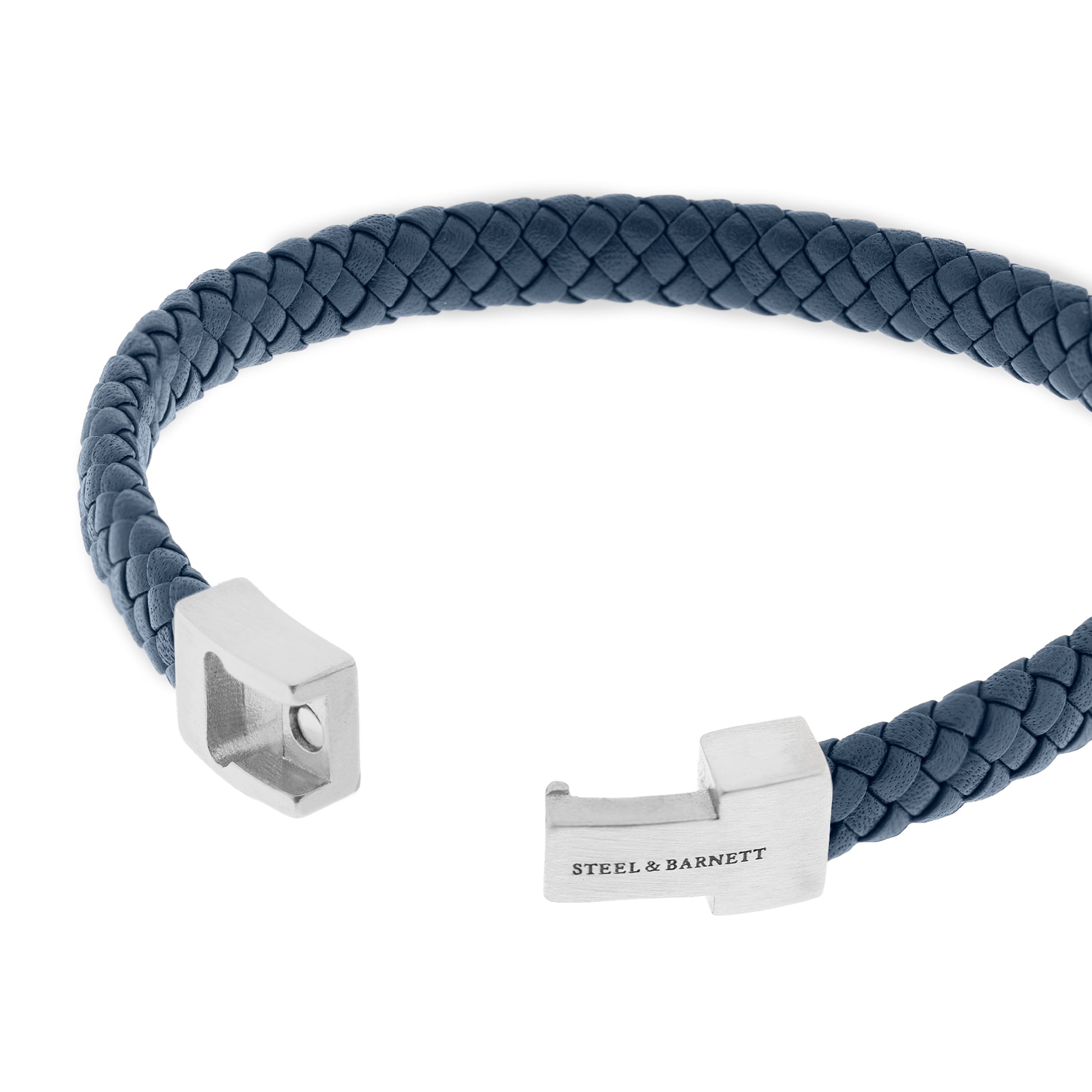 blue braided leather bracelet for men with stainless steel clasp