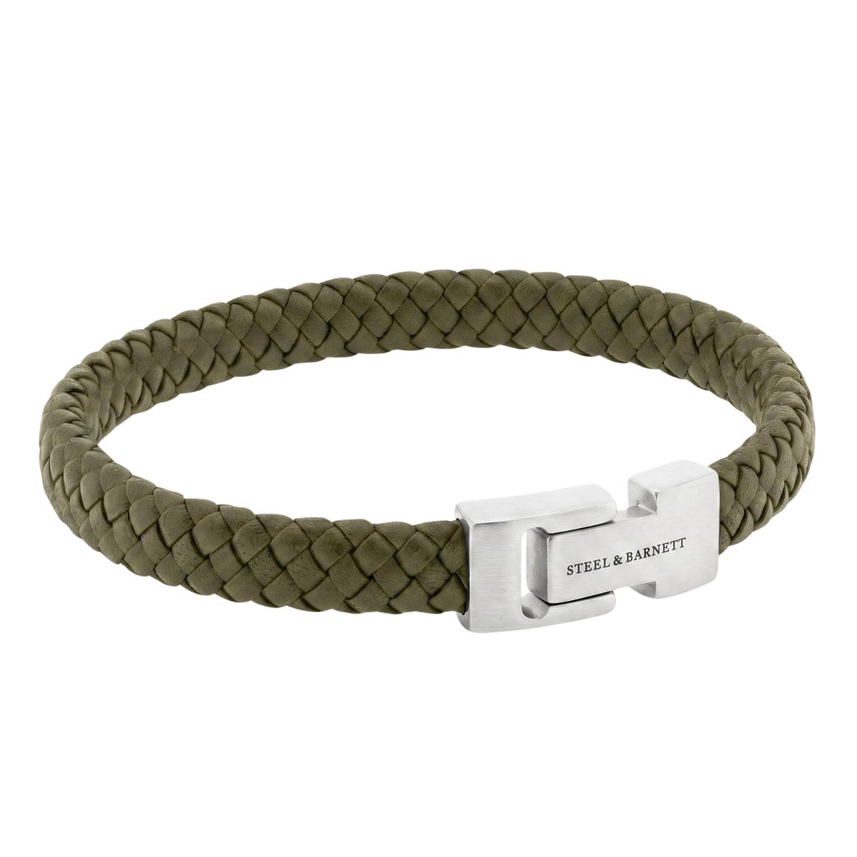 An olive green braided leather bracelet with a polished silver-tone metal clasp engraved with the brand name 'STEEL & BARNETT', shown on a plain white background.