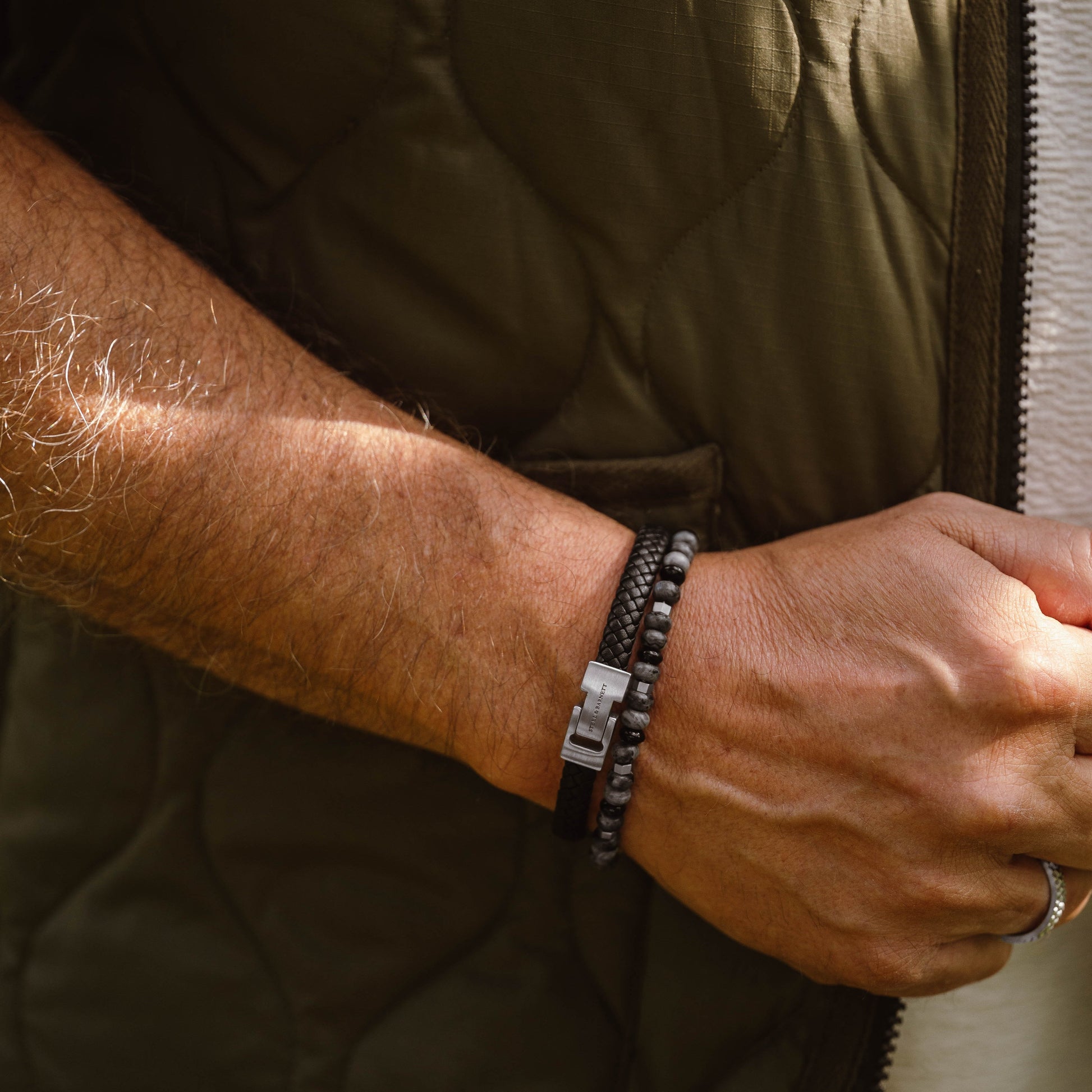 black braided leather bracelet for men with stainless steel clasp