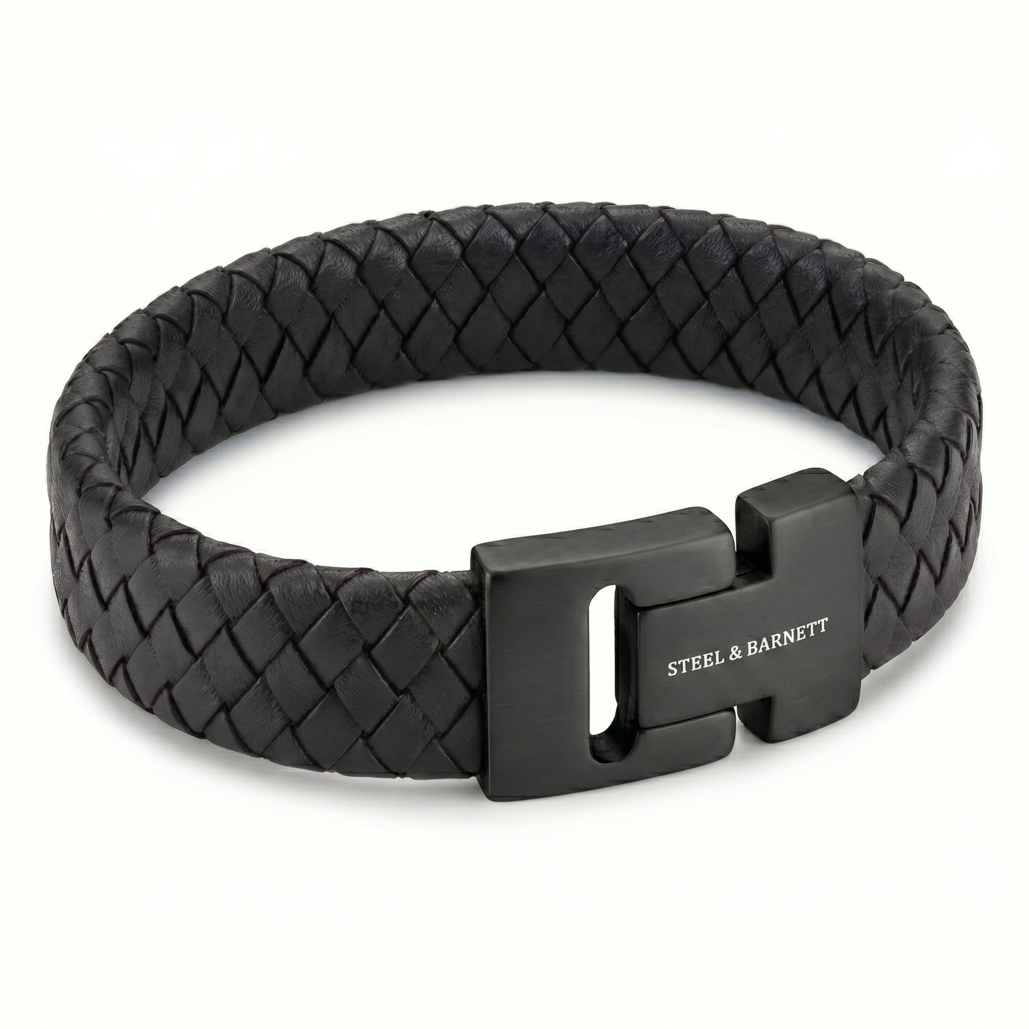 Black braided leather men's bracelet with matte black stainless steel magnetic clasp displayed on a white background