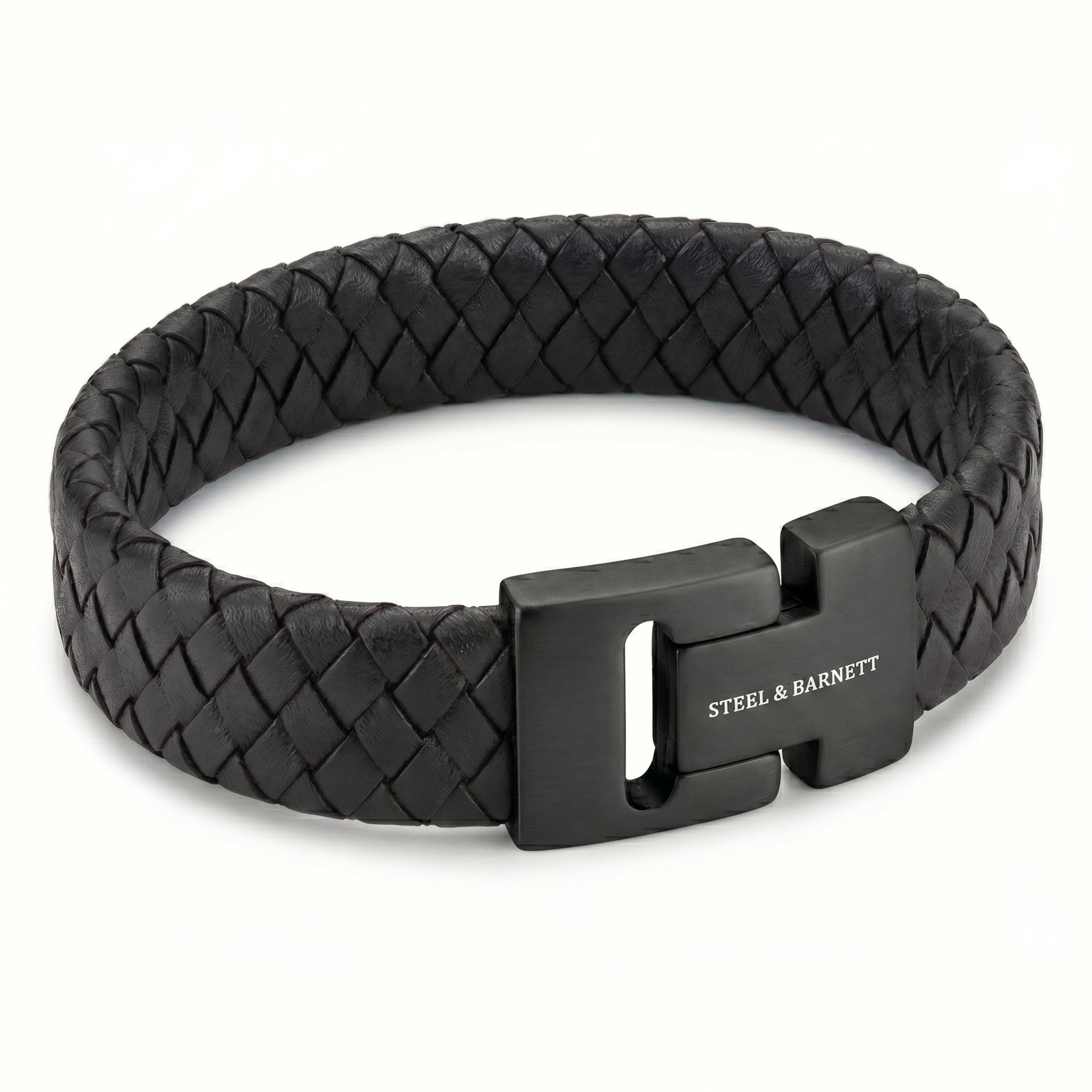 Black braided leather men's bracelet with matte black stainless steel magnetic clasp displayed on a white background