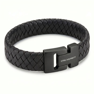 Wide Braided Black Leather Bracelet For Men
