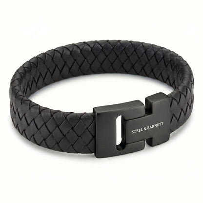 Black braided leather men's bracelet with matte black stainless steel magnetic clasp displayed on a white background