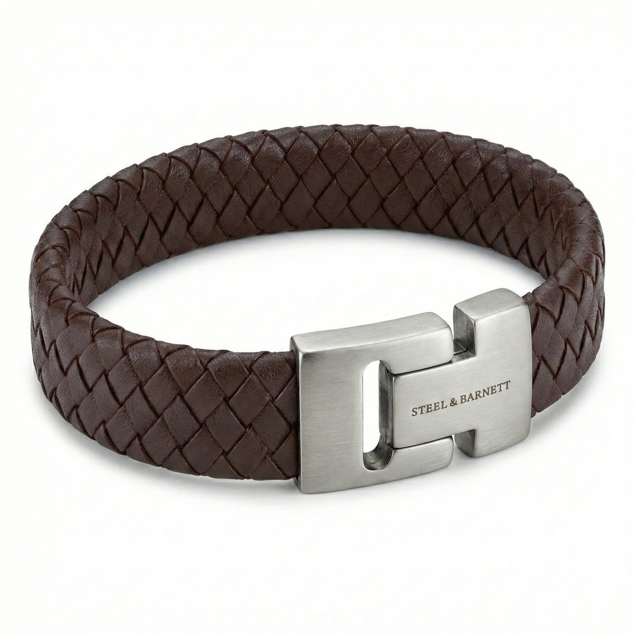 Brown braided leather men’s bracelet with brushed stainless steel magnetic clasp displayed on a white background