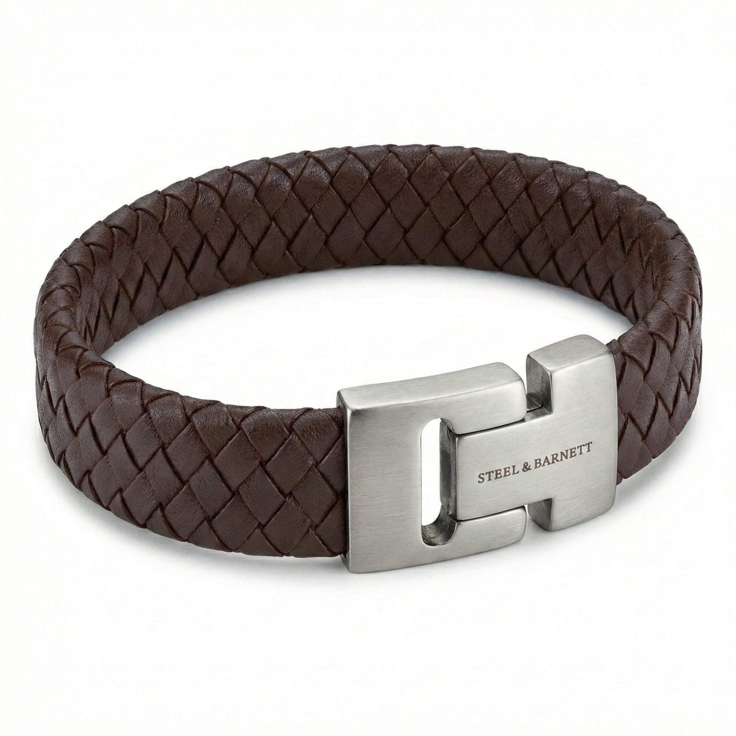 Brown braided leather men’s bracelet with brushed stainless steel magnetic clasp displayed on a white background