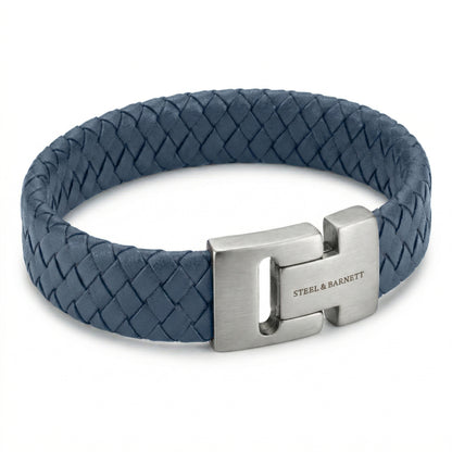 Blue braided leather men’s bracelet with brushed stainless steel magnetic clasp displayed on a white background