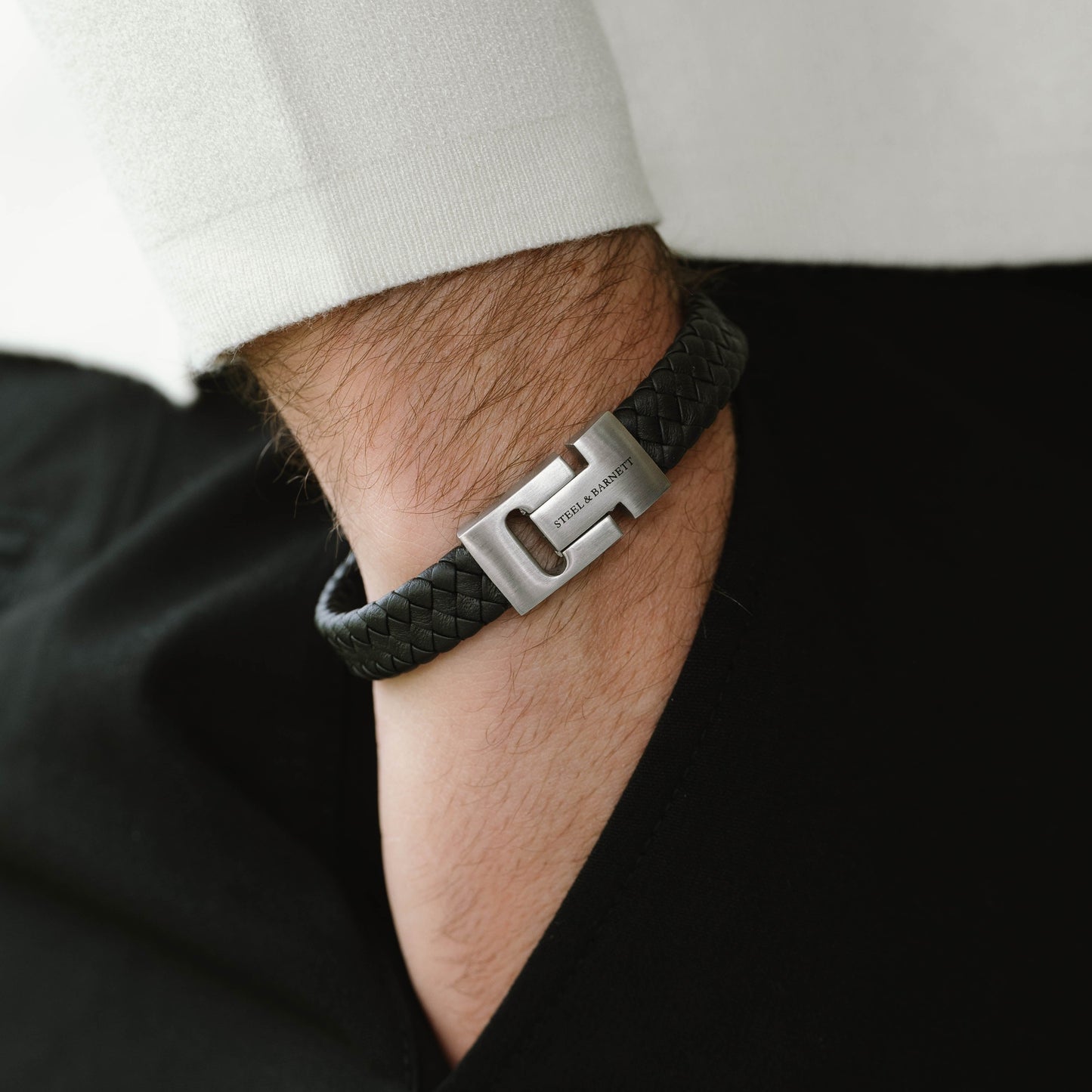 Black leather bracelet for men with stainless steel clasp