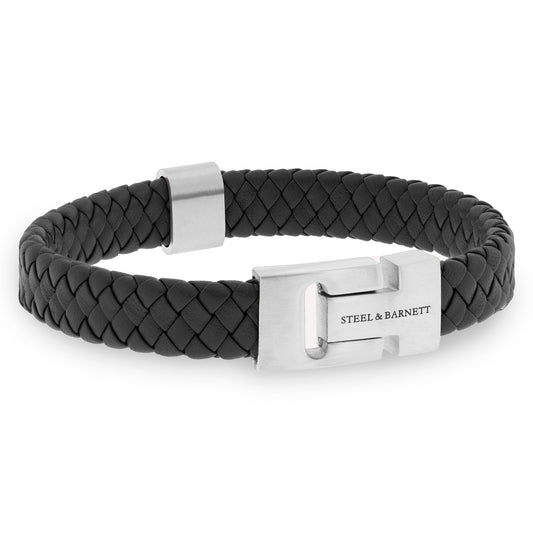 Black leather bracelet for men with stainless steel clasp