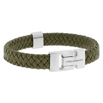 Olive green braided leather men's bracelet with a brushed stainless steel clasp on a white background

