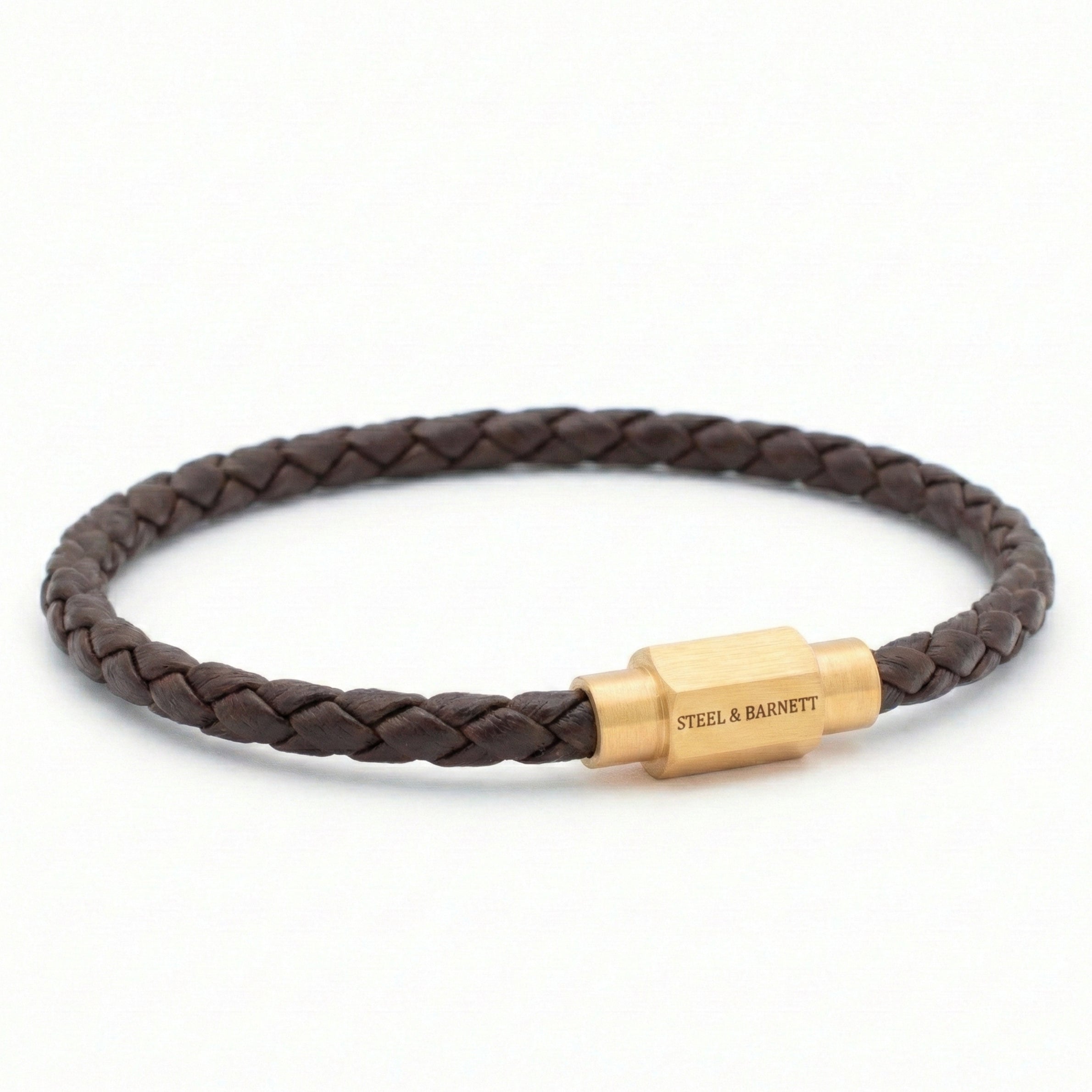 Brown braided leather men’s bracelet with plated 18K gold clasp on a white background