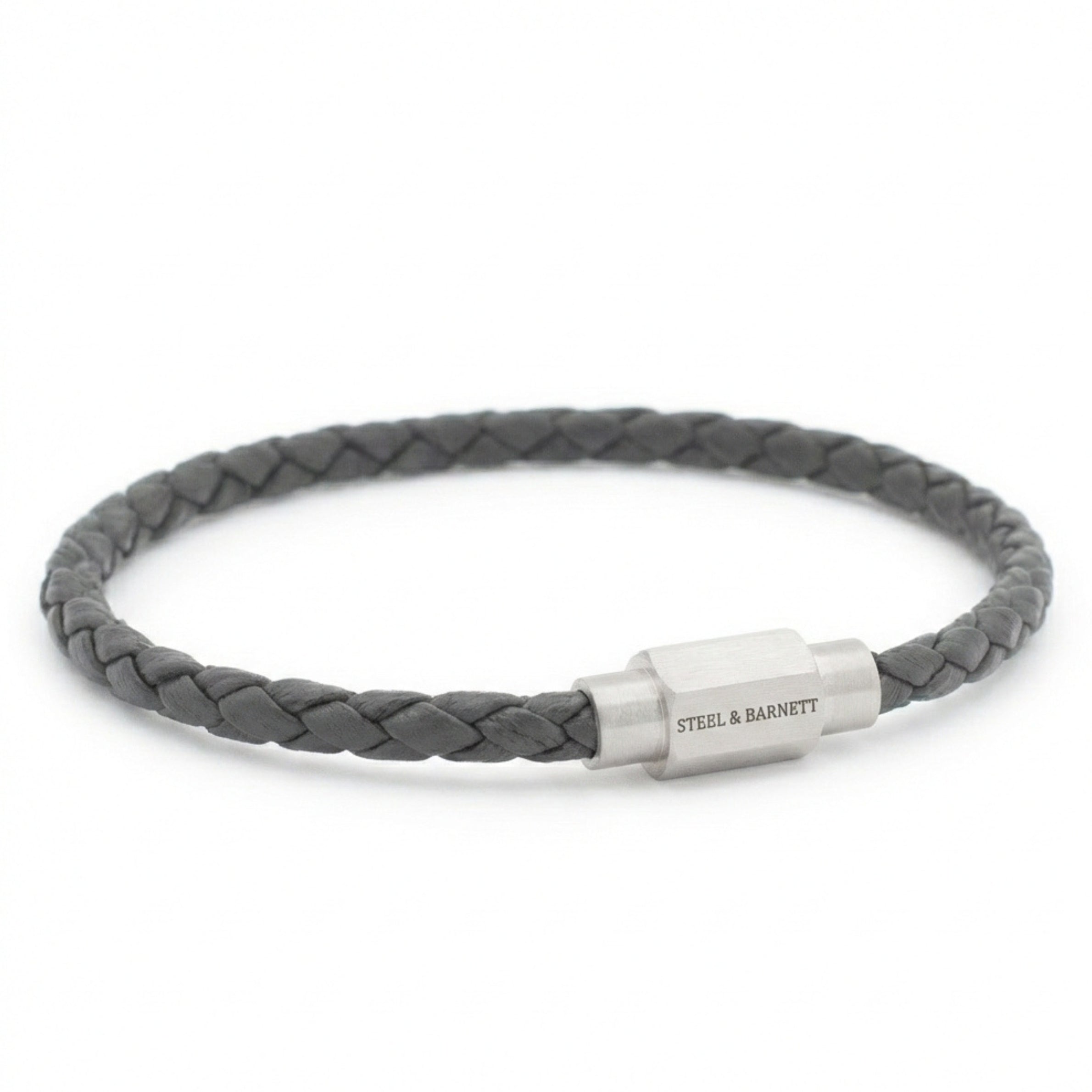 Grey braided leather men’s bracelet with brushed stainless steel clasp on a white background