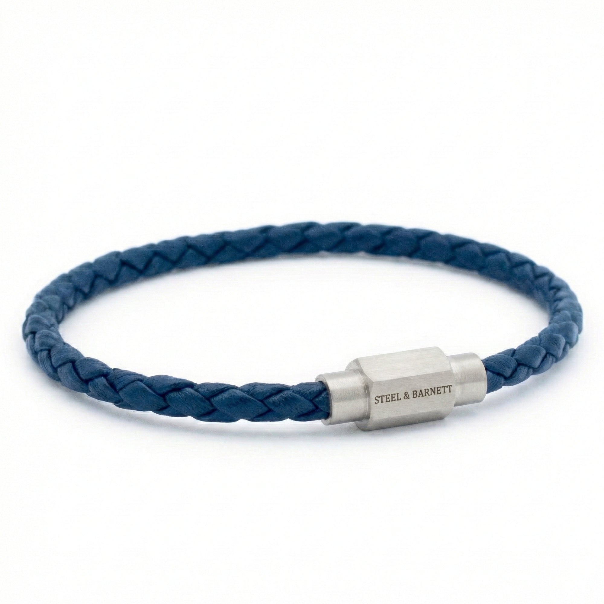 Blue braided leather men’s bracelet with brushed stainless steel clasp on a white background