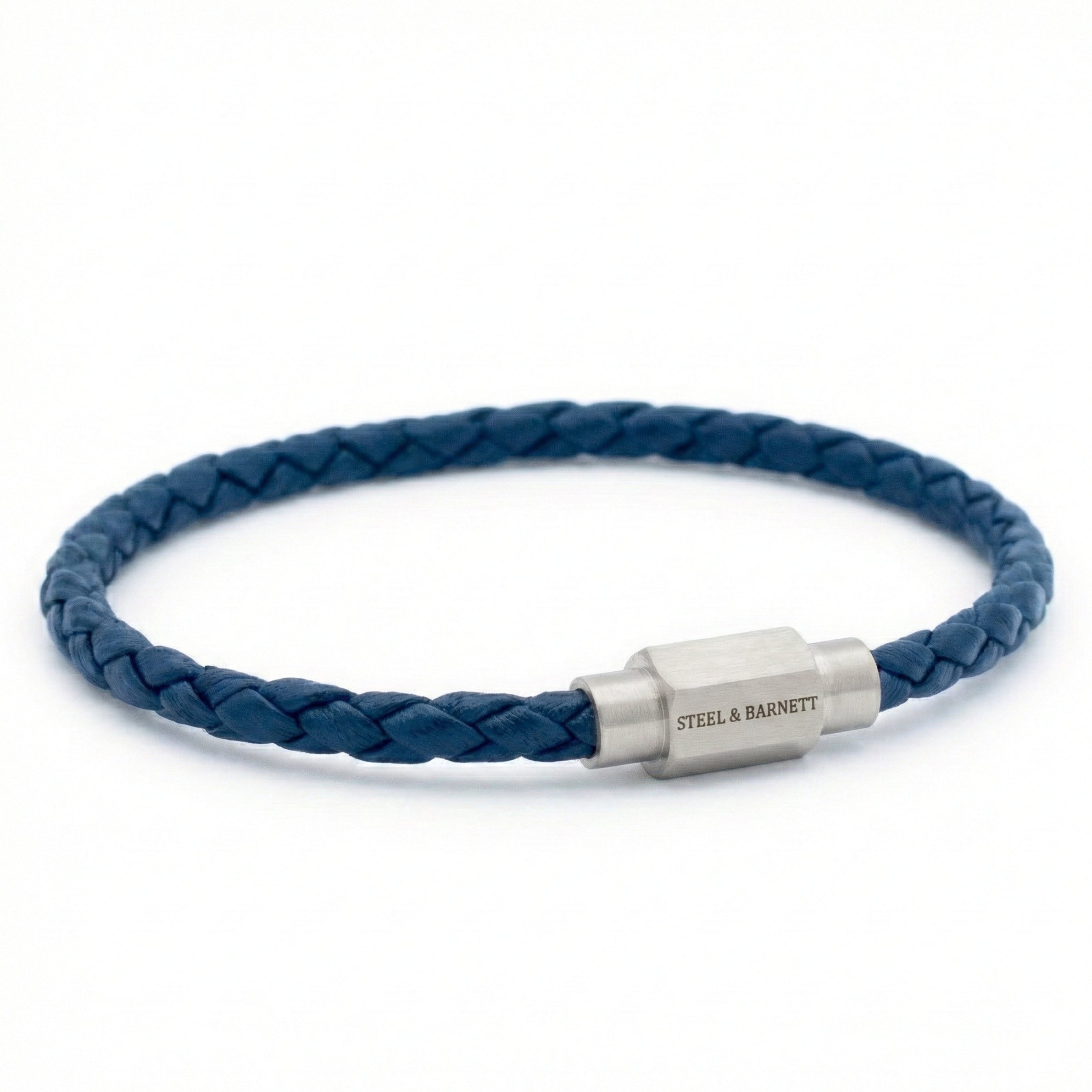 Blue braided leather men’s bracelet with brushed stainless steel clasp on a white background