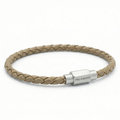 Beige braided leather men’s bracelet with brushed stainless steel clasp on a white background